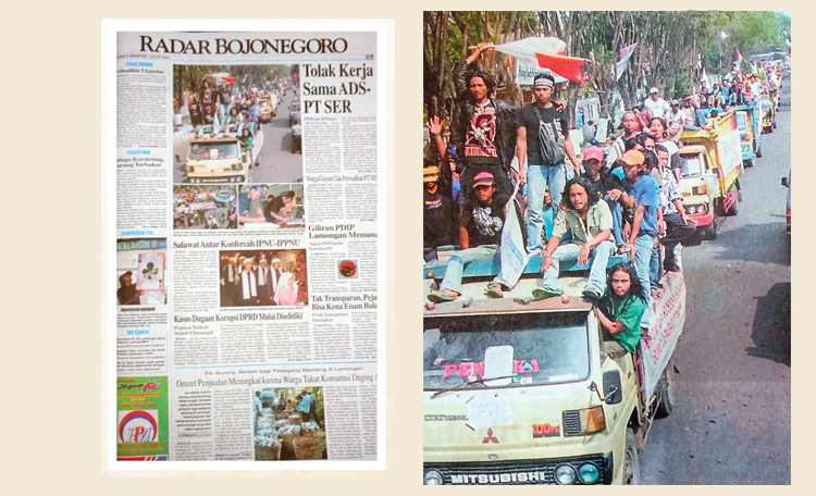 TOLAK PT SER: Aksi turun jalan menuntut penolakan PT SER sebagai mitra BUMD PT ADS. Peserta aksi titik kumpul di Kantor PCNU Bojonegoro. (Dok. Radar Bojonegoro)