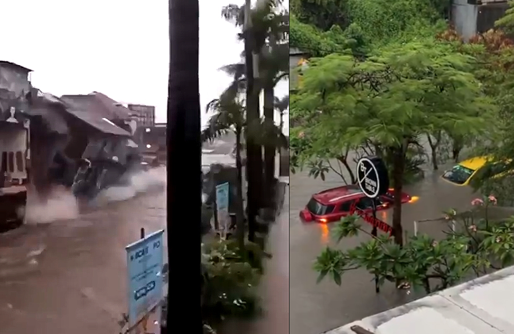 Tangkapan layar, salah satu gedung di Denpasar ambruk (kiri), dua mobil mewah terendam banjir (kanan) dampak banjir Bali.