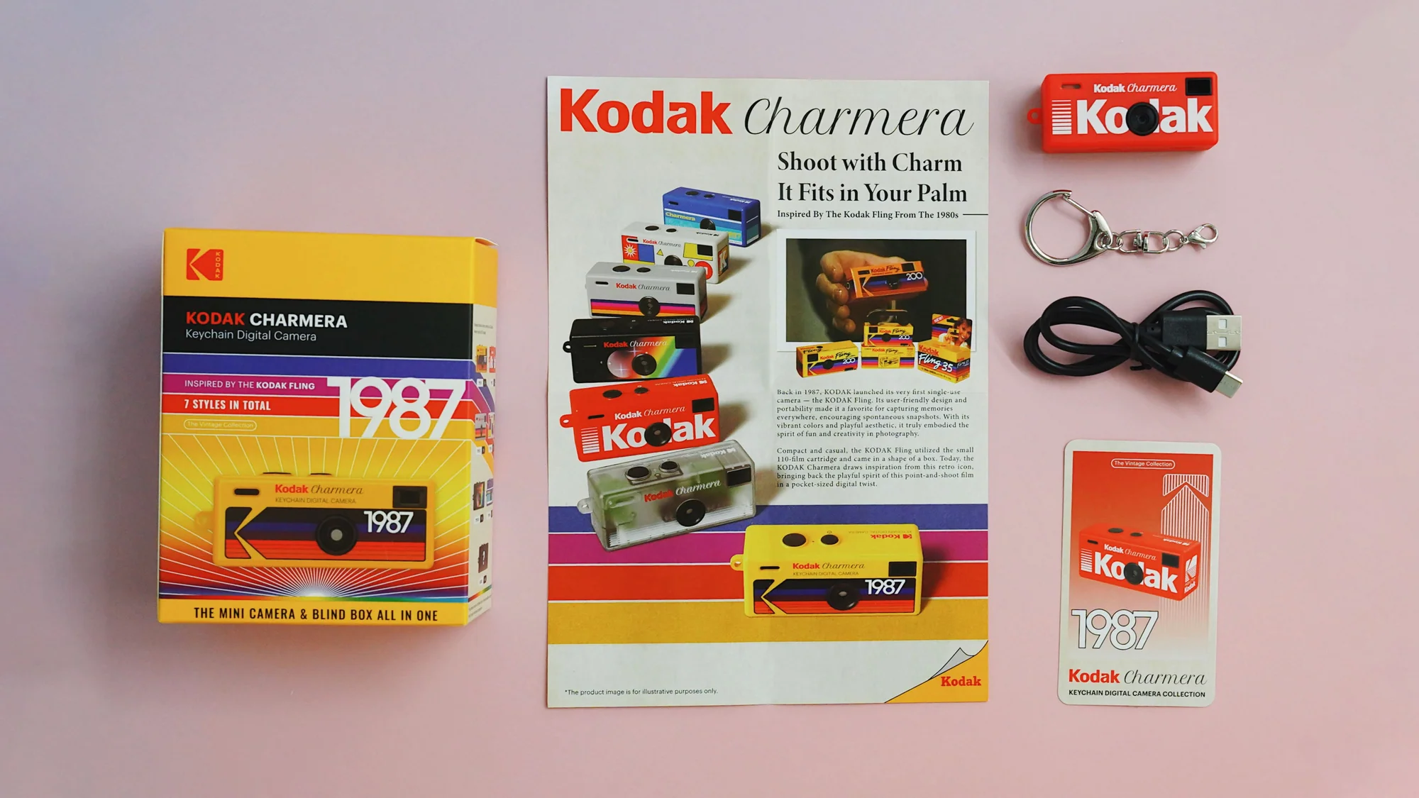 Tampilan sebungkus Kodak Charmera, lengkap dengan gantungan kunci dan kabel Type-C (Dok. Kodak)
