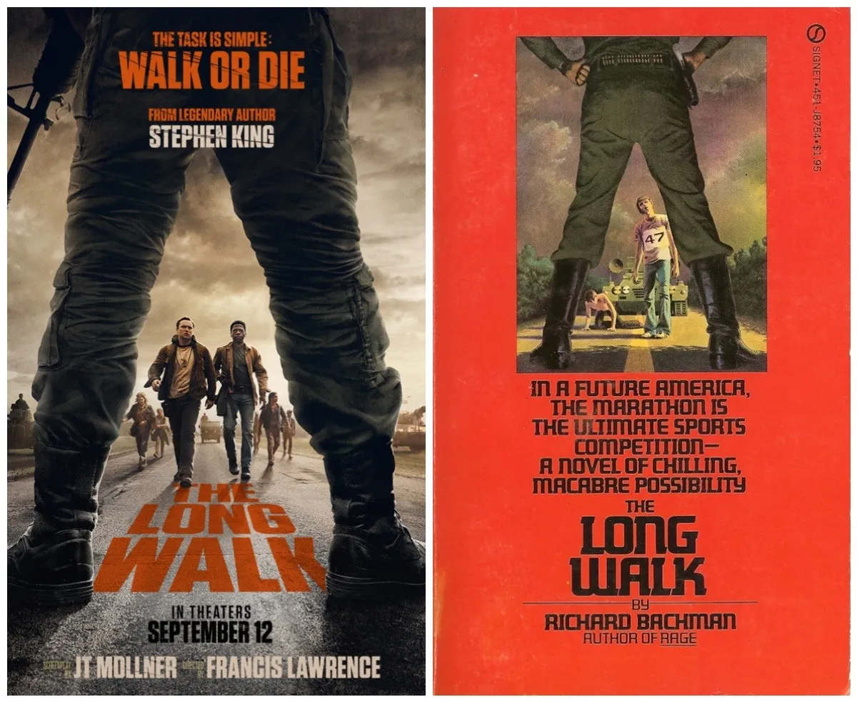 Perbandingan poster film (kiri) dan sampul novel asli (kanan) The Long Walk. (Dok. Lionsgate)