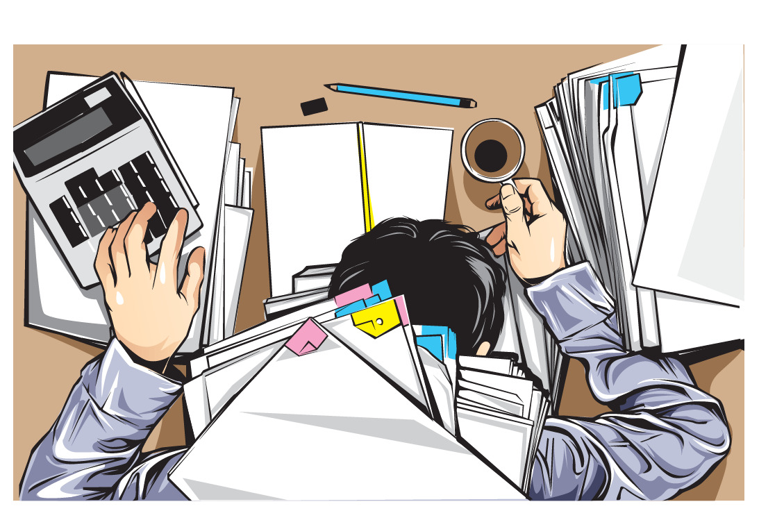 Ilustrasi karyawan kantor banyak kerjaan menumpuk.