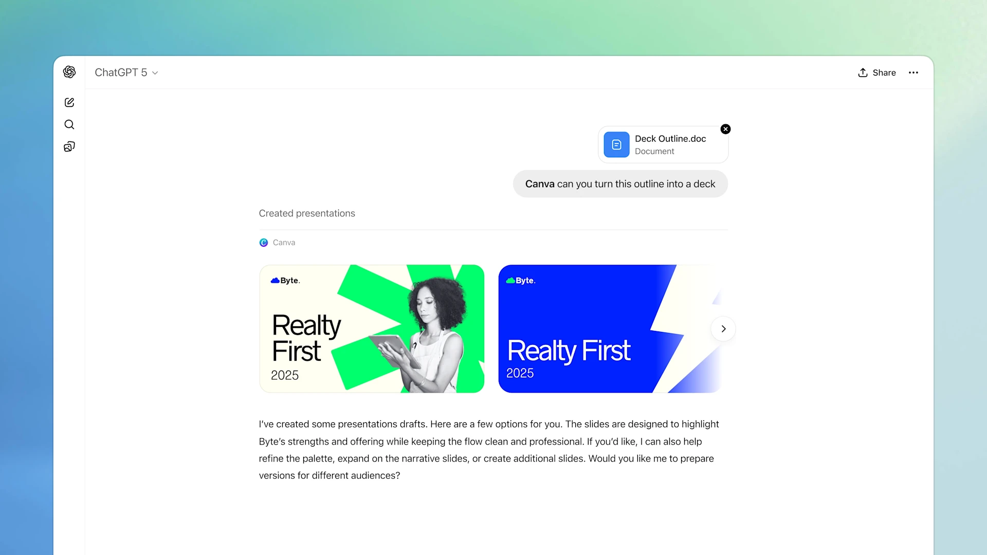 Sekarang membuat presentasi cakep jadi lebih mudah, berkat integrasi Canva dengan ChatGPT. (Dok. OpenAI)