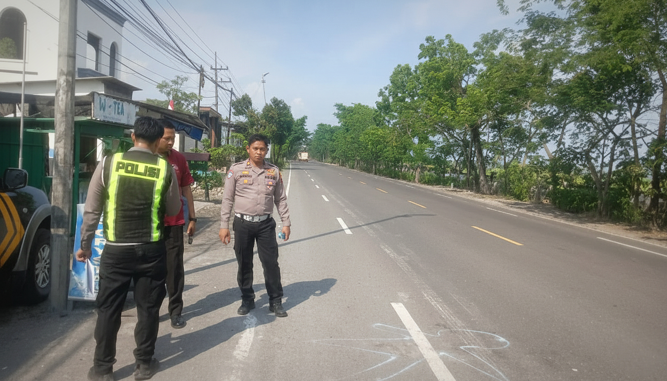 LEWATI AS JALAN: Satlantas Polres Bojonegoro mendatangi TKP, usai kejadian bus menabrak pemotor hingga tewas di Baureno.