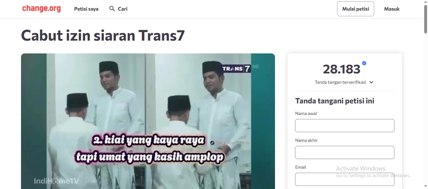 PETISI: Muncul petisi cabut izin siaran Trans7 yang sudah ditandatangani lebih dari 28.000 orang.