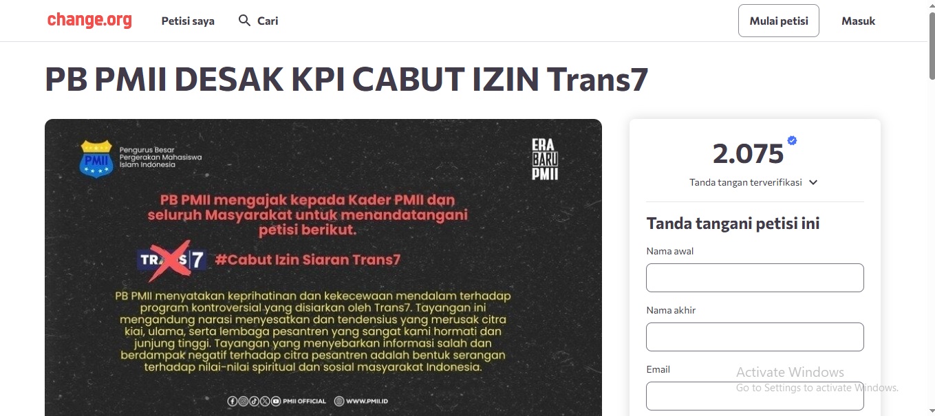 PETISI ONLINE: PB PMII juga menyerukan petisi desak KPI cabut izin siaran Trans7.