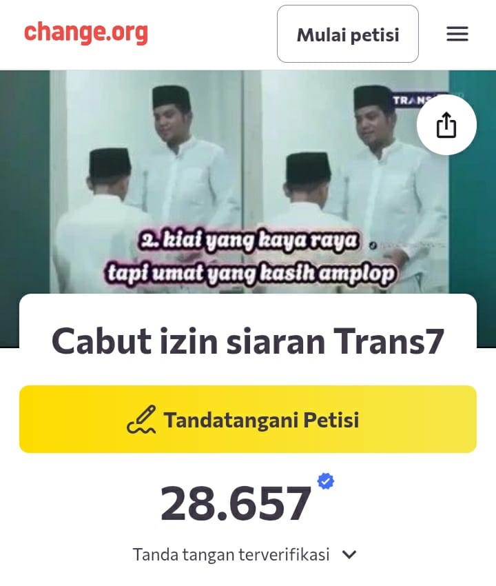 Muncul petisi yang mengkampanyekan mencabut surat izin siaran Trans7 di Change.org