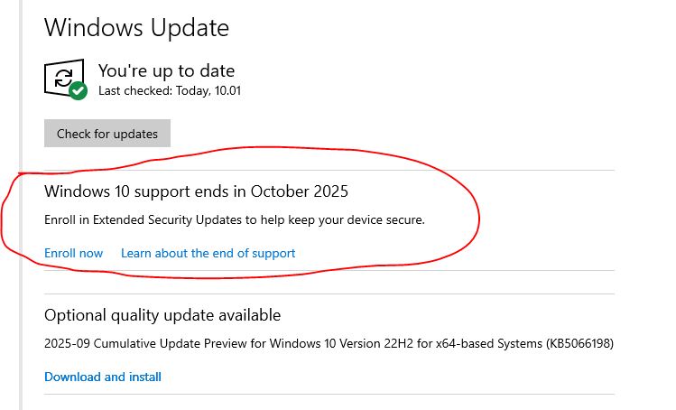 Tampilan pilihan untuk mendaftar dalam program ESU, jika tidak ada penawaran untuk upgrade ke Windows 11