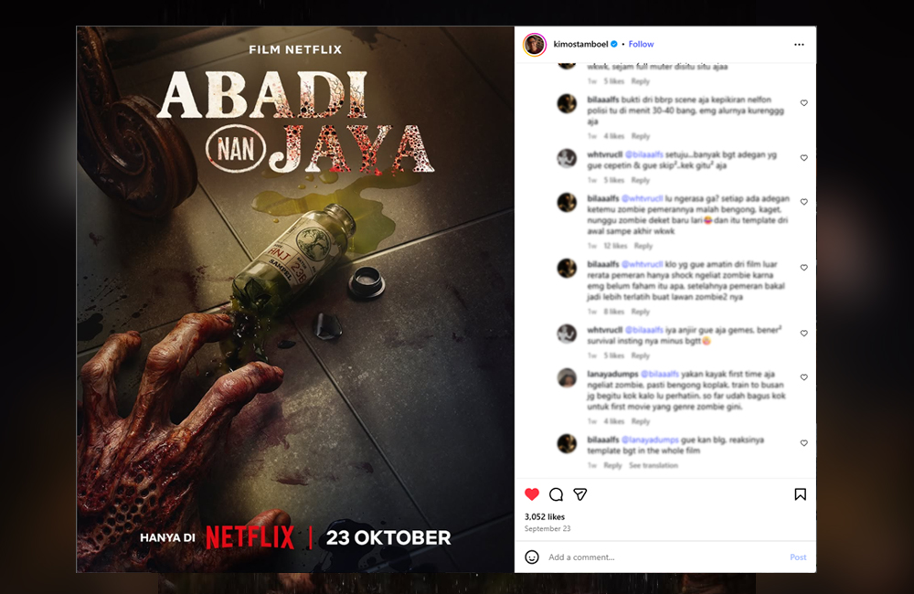 Film Abadi Nan Jaya jadi perdebatan netizen di kolom komentar sang sutradara, Kimo Stamboel.