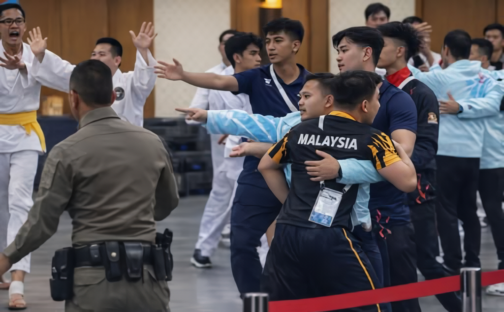 Ofisial timnas pencak silat Malaysia berusaha memisah kawan mereka yang menyerang komite wasit dalam pertandingan tanding nomor putri.
