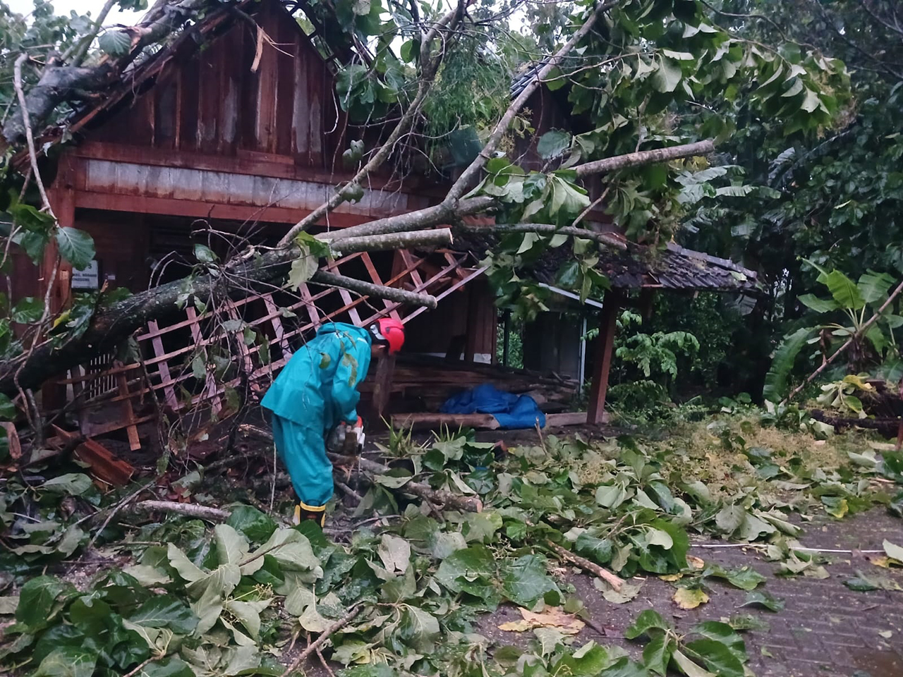 BENCANA HIDROMETEOROLOGI: Angin kencang merusak empat bangunan rumah warga di Kecamatan Ngraho, pada Kamis (8/1). Petugas melakukan penanganan di lokasi.