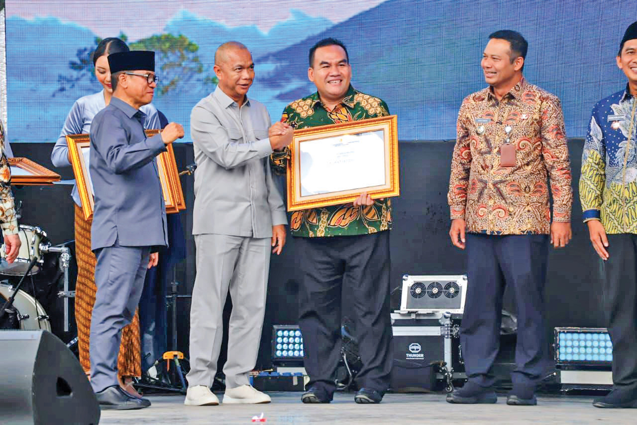 PRESTASI : Bupati Arief Rohman saat menerima penghargaan Pertanian Organik dari Kemendes saat Hari Desa Nasional.