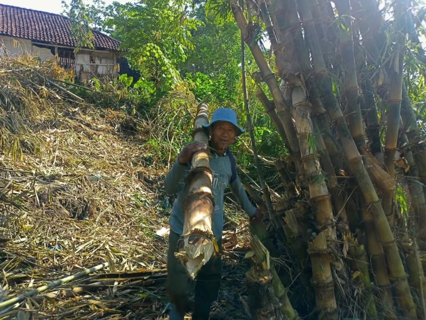SWADAYA: Warga swadaya memotong bambu untuk penahan longsor sungai Dusun Ngrojo, RT 07 RW 02, Desa Dukohkidul, Kecamatan Ngasem.