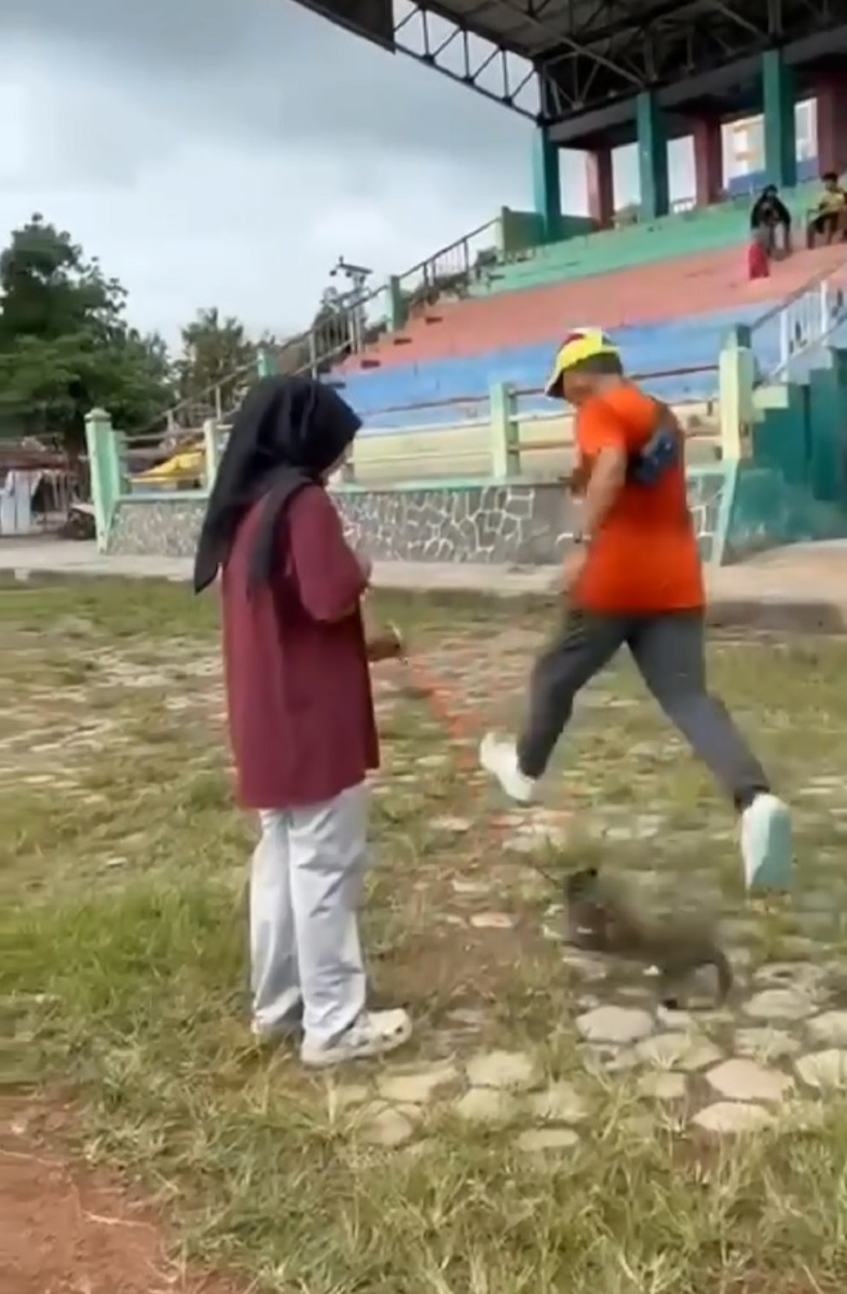 TERANCAM PIDANA: Tangkapan layar video yang beredar menunjukkan seorang pria menendang kucing peliharaan di Lapangan Kridosono Blora.