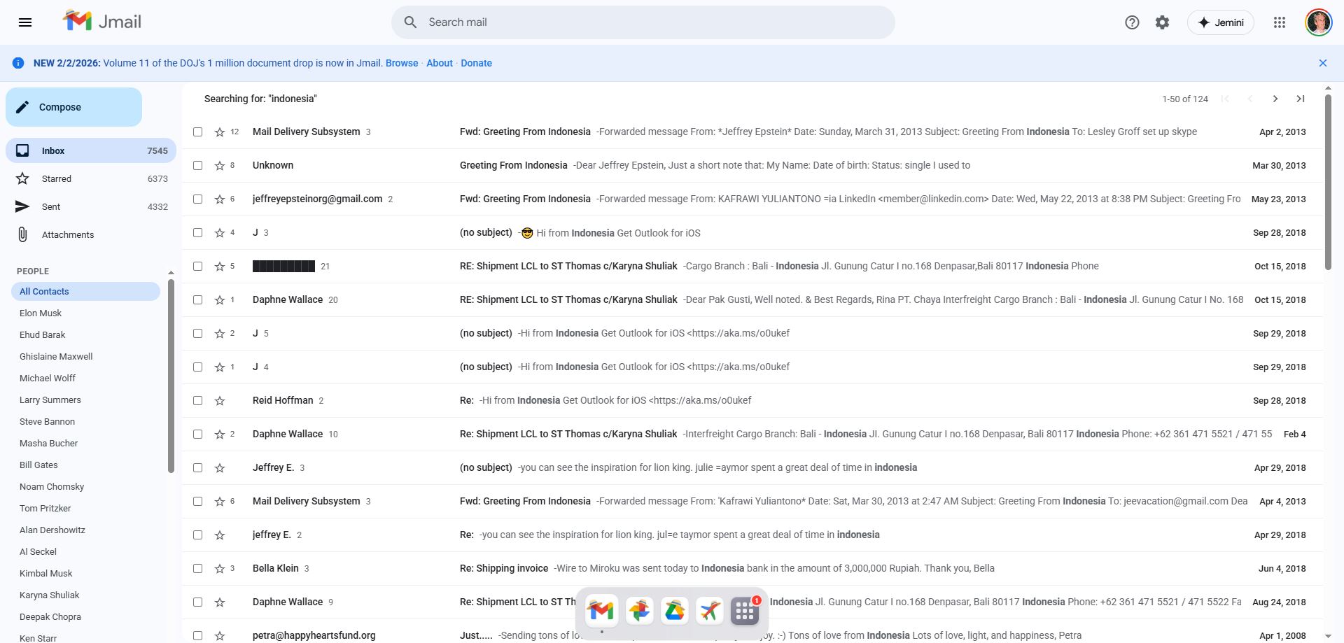 Ada beberapa email dari dan untuk Epstein yang membahas tentang Indonesia dan Bali, terutama dalam kasus belanja online dan bisnis perhotelan. (Tangkapan Layar)