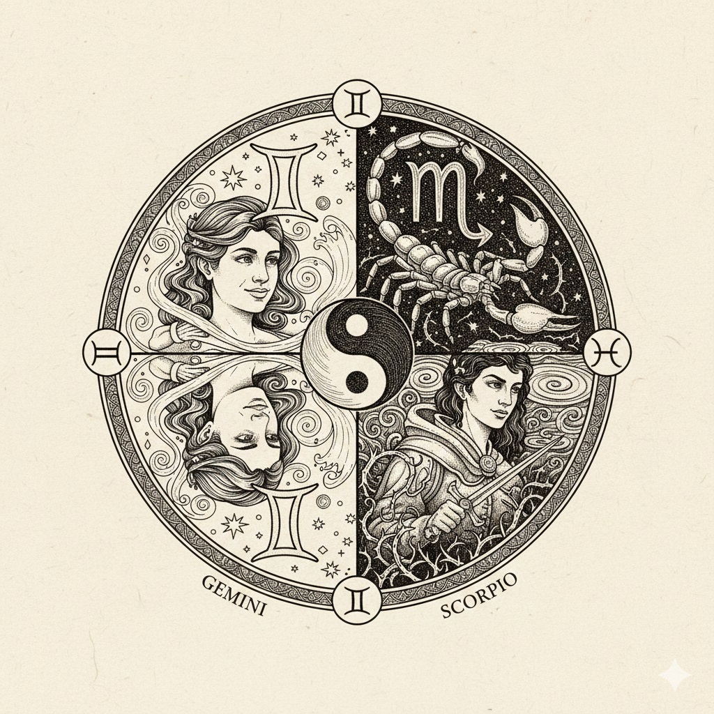 Ilustrasi zodiak Gemini dan Scorpio.