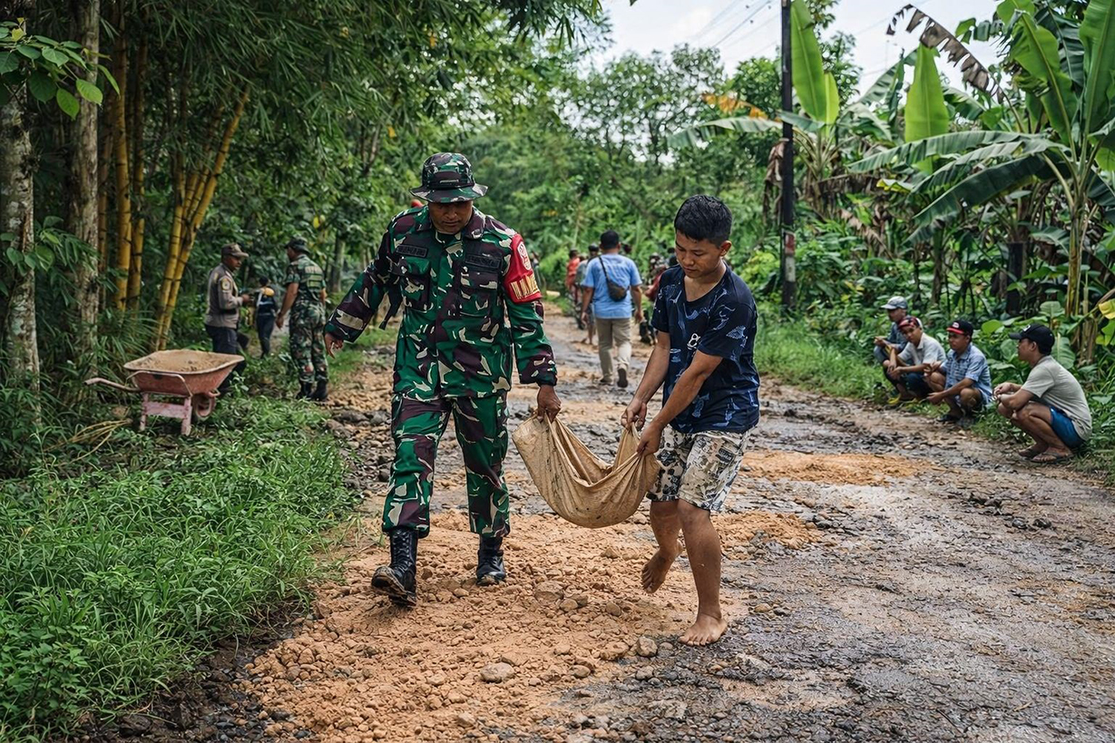 KOLABORASI: Pihak SPPG Jiken 1 bersama Forkopimcam setempat dan warga berkolaborasi lakukan penambalan jalan kabupaten yang berlubang.