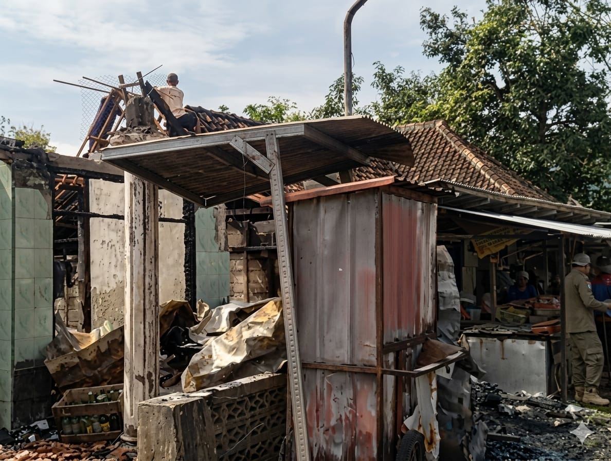 TERBAKAR : Pasar Darurat Ngawen yang hangus terbakar akibat konsleting listrik.