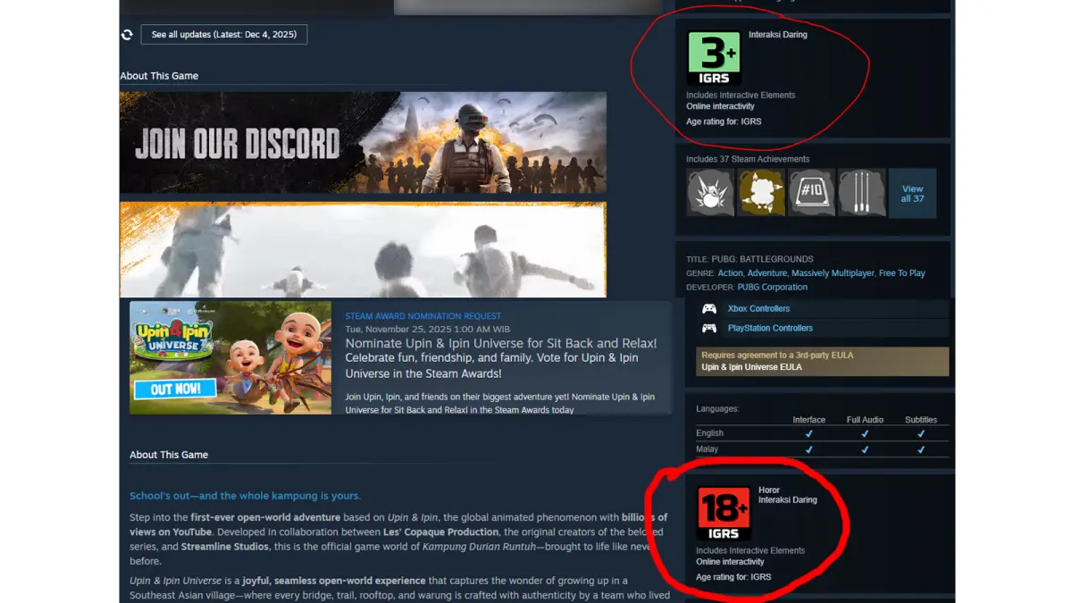 Komparasi rating batas usia antara PlayerUnknown
