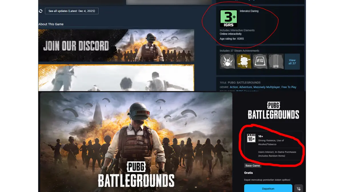 Komparasi rating batas usia antara PlayerUnknown