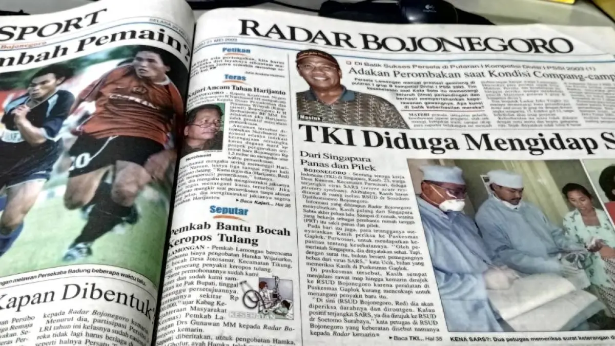 HEBOH: Dokumen Jawa Pos Radar Bojonegoro terbitan 21 Mei 2003 tentang warga yang diduga terjangkit SARS. (DOKUMEN RADAR BOJONEGORO)