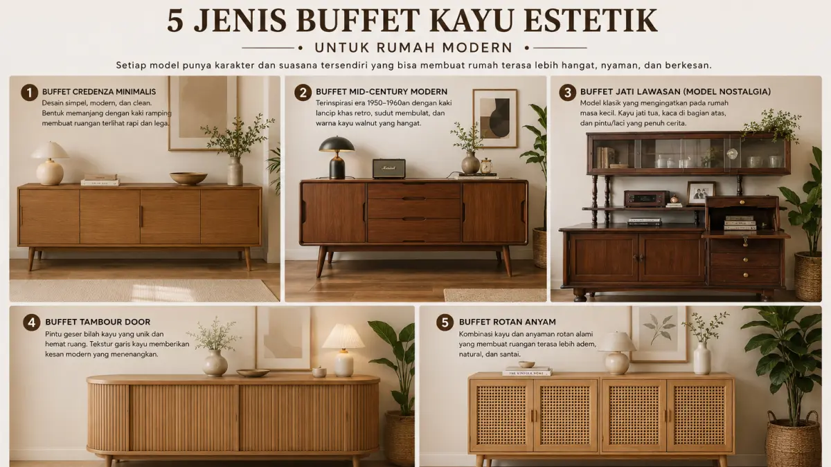 5 jenis buffet kayu yang estetik untuk rumah modern minimalis. (AI/HAKAM ALGHIVARI/RADAR BOJONEGORO)