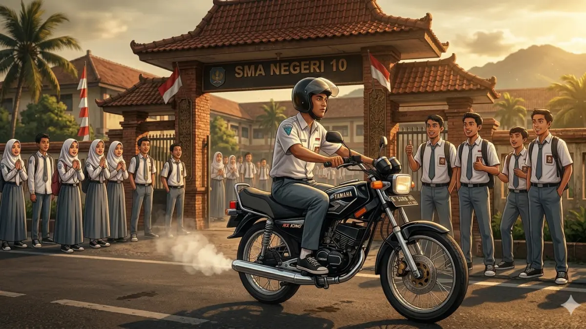 Ilustrasi anak sekolah menengah atas mengendarai Yamaha RX King di depan gerbang sekolah. (AI/HAKAM ALGHIVARI/RADAR BOJONEGOR)