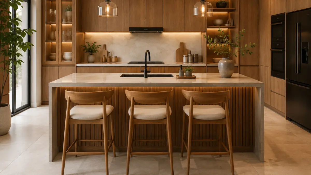 Ilustrasi set kitchen modern berbahan kayu yang eksotis. (AI/HAKAM ALGHIVARI/RADAR BOJONEGORO)