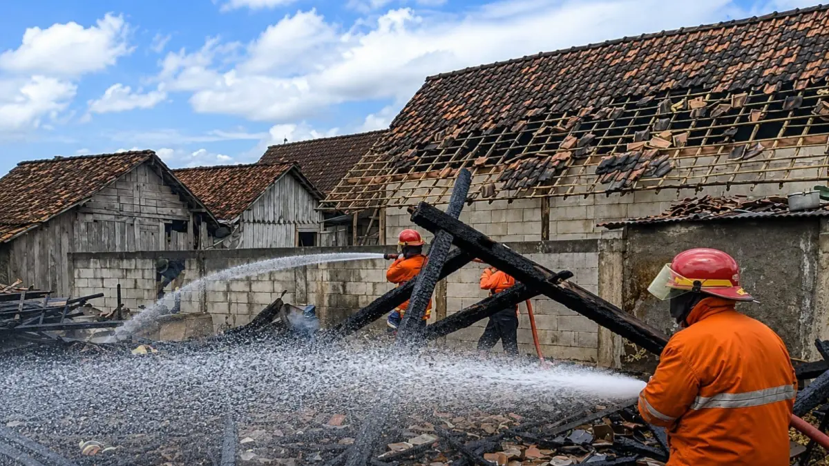 LAYANAN NORMAL : Petugas Damkar Blora saat bertugas memadamkan kebakaran. (ROZI)