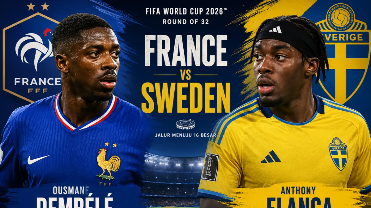 Peluang menang Prancis vs Swedia di babak 32 besar Piala Dunia 2026, Rabu (1/7) dini hari. (AI/HAKAM ALGHIVARI/RADAR BOJONEGORO)