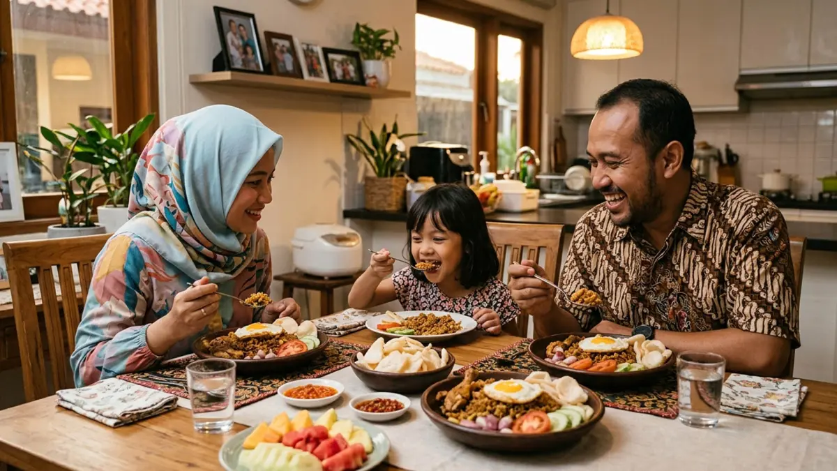Ilustrasi keluarga menikmati resep nasi goreng ala solaria. (AI/ANDHIKA FERIAWAN/RADAR BOJONEGORO)