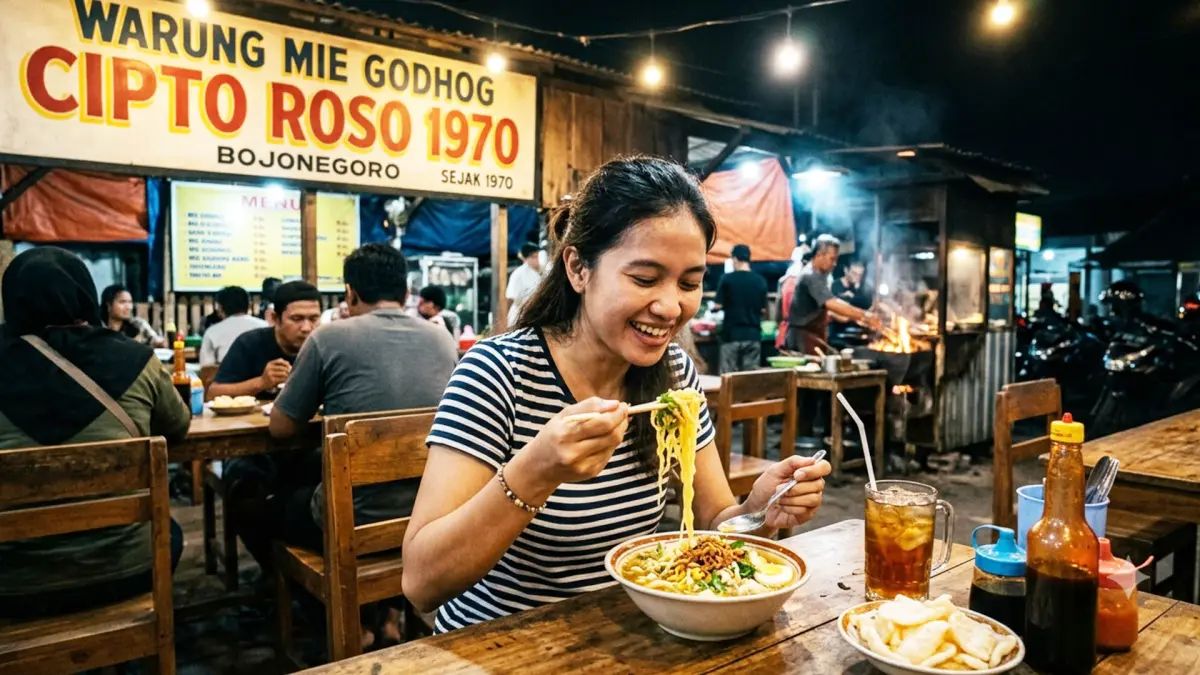 Ilustrasi seorang perempuan sedang menyantap mie godhog Cipto Roso yang lezat. (AI/ANDHIKA FERIAWAN/RADAR BOJONEGORO)