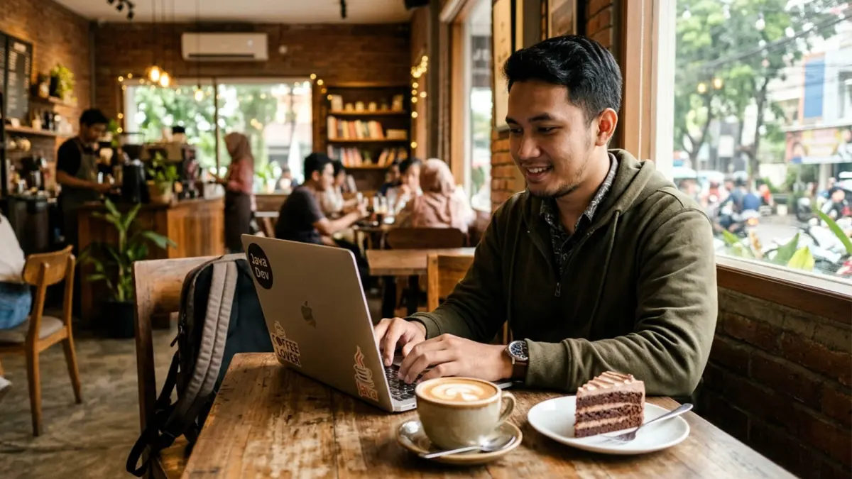 Ilustrasi seorang pria sedang bermain laptop impiannya. (AI/ANDHIKA FERIAWAN/RADAR BOJONEGORO)
