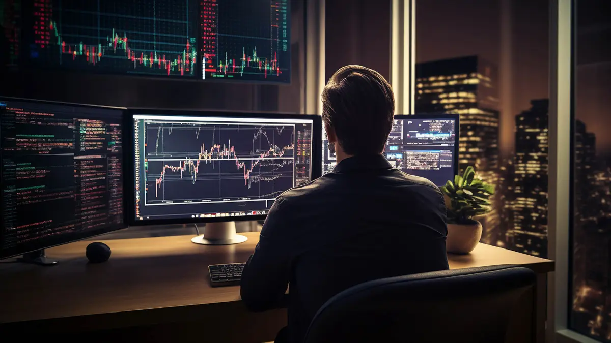 Ilustrasi seorang pria sedang membaca candlestick chart saham. (MAGNIFIC/ANDHIKA FERIAWAN/RADAR BOJONEGORO)