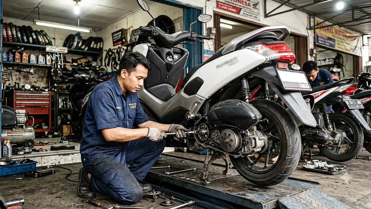 Ilustrasi seorang pria sedang memperbaiki komponen CVT motor matic di bengkel. (AI/ANDHIKA FERIAWAN/RADAR BOJONEGORO)