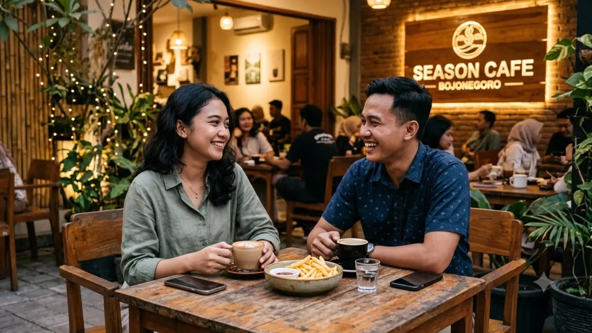 Ilustrasi sepasang kekasih sedang nongkrong santai di cafe aesthetic Bojonegoro. (AI/ANDHIKA FERIAWAN/RADAR BOJONEGORO)