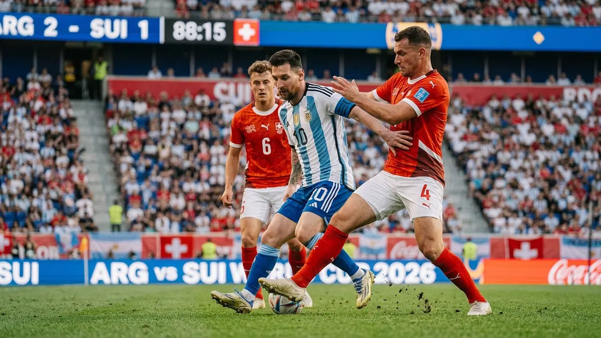 Ilustrasi Leonel Messi melawan pemain Swiss di laga perempat final Piala Dunia 2026. (AI/ANDHIKA FERIAWAN/RADAR BOJONEGORO)