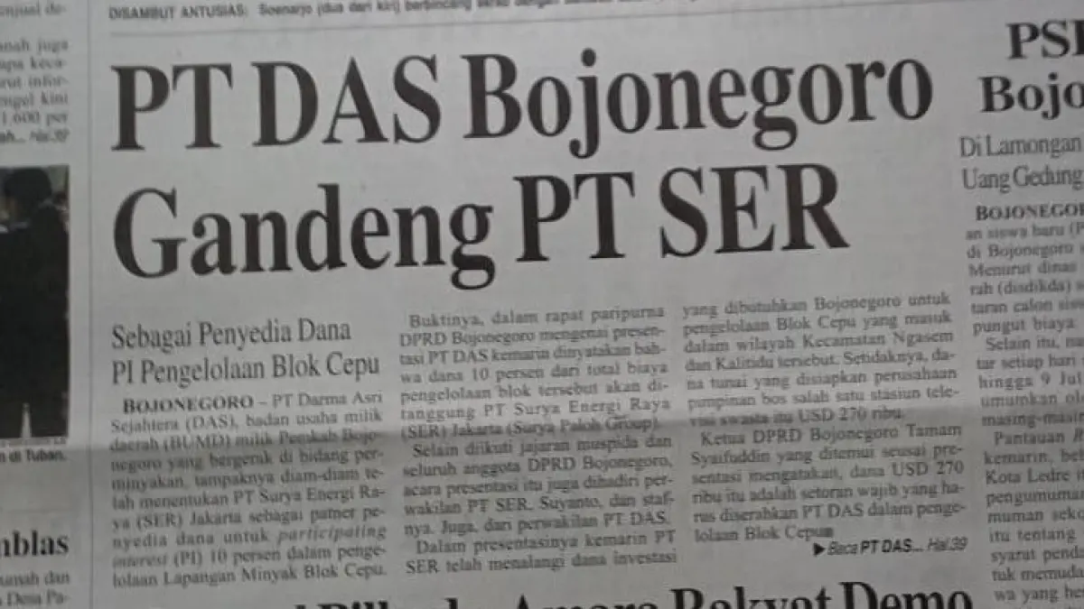 DOKUMEN: Koran Jawa Pos Radar Bojonegoro terbitan 6 Juli 2005 yang memberitakan PT DAS atau PT ADS