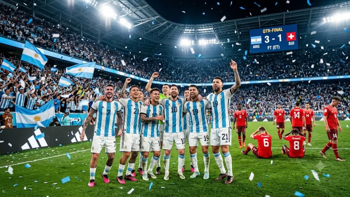Meta Description: Argentina memastikan tiket semifinal Piala Dunia 2026 usai mengalahkan Swiss dengan skor 3-1 setelah perpanjangan waktu. Albiceleste akan menghadapi Inggris pada babak semifinal. (AI/Farhan Reza/ RADAR BOJONEGORO)