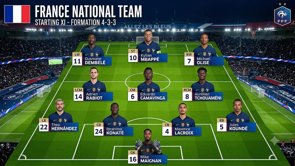 Starting XI Squad Prancis di Laga Semifinal Piala Dunia 2026 melawan Spanyol. (AI/ANDHIKA FERIAWAN/RADAR BOJONEGORO)