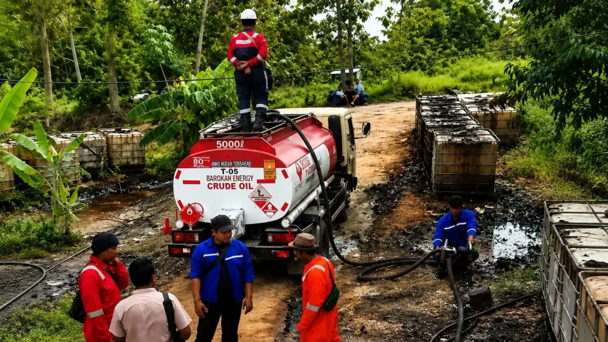 PRODUKTIF: Proses pengiriman minyak dari sumur minyak di Desa Plantungan, Kecamatan Blora. (ACHMAD SYAEROYZI/RDR.BJN)