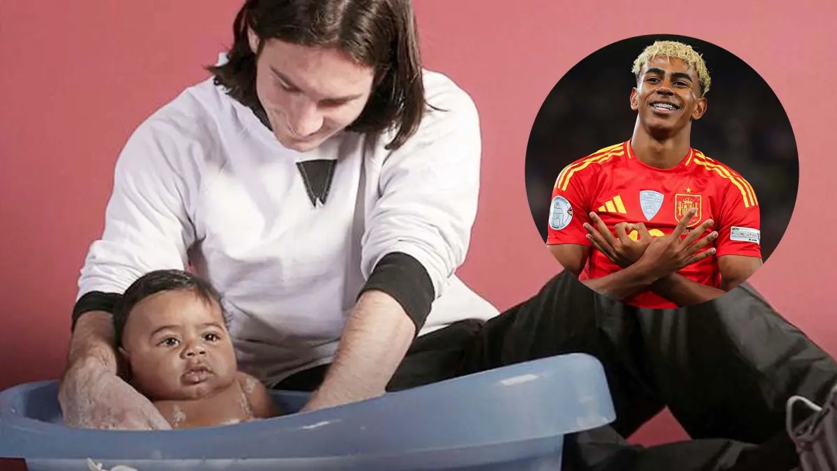 Foto Lionel Messi dan Lamine Yamal yang diambil pada tahun 2007 pada sesi pemotretan amal yang diselenggarakan UNICEF bersama surat kabar Sport. (PINTEREST/ANDHIKA FERIAWAN/RADAR BOJONEGORO)