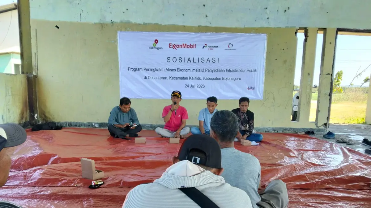 SOSIALISASI: Program Peningkatan Akses Ekonomi dengan Penyediaan Infrastruktur Publik yang diinisiasi ExxonMobil Cepu Limited (EMCL) bersama SKK Migas di Desa Leran, Kecamatan Kalitidu pada 24 Juli 2026.