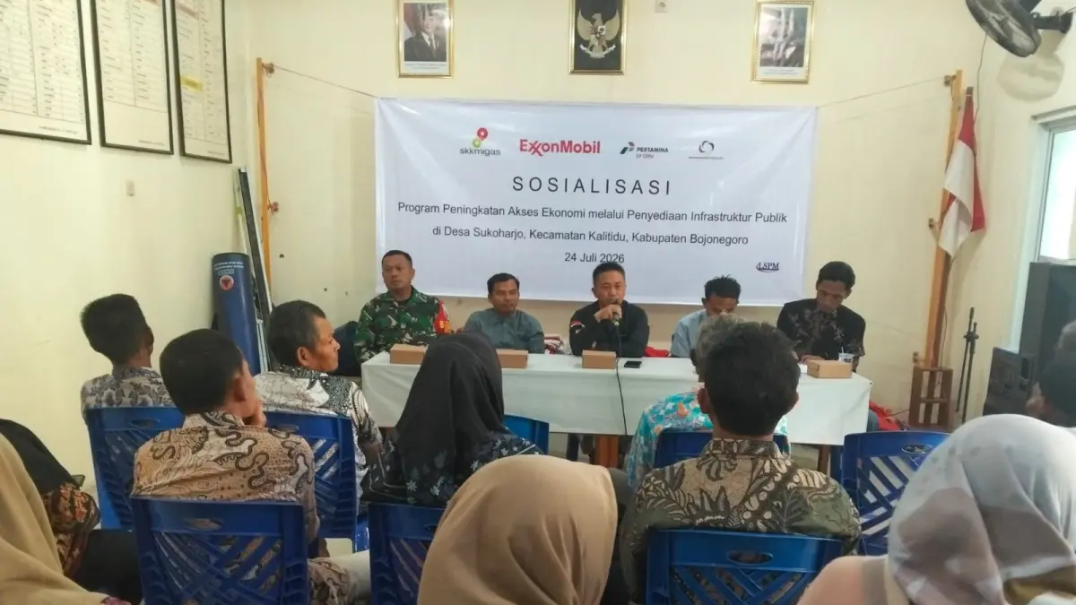 SOSIALISASI: Program Peningkatan Akses Ekonomi dengan Penyediaan Infrastruktur Publik yang diinisiasi ExxonMobil Cepu Limited (EMCL) bersama SKK Migas di Desa Sukoharjo, Kecamatan Kalitidu pada 24 Juli 2026.