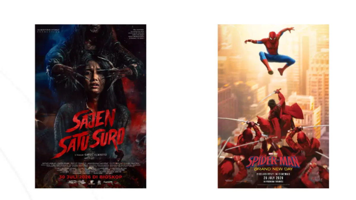 Poster Sajen Satu Suro dan Spider-Man New Brand Day di box office mingguan Indonesia. (CINEPOLIS)