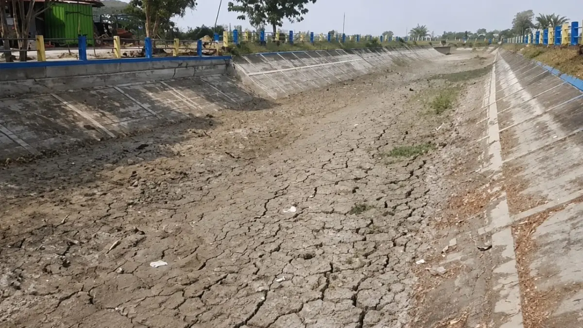 KERING KERONTANG: Irigasi Gabus yang berada dengan Kecamatan Blora mengering tanpa air, yang mengancam irigasi ratusan hektare lahan pertanian. (ACHMAD SYAEROYZI/RDR.BJN)