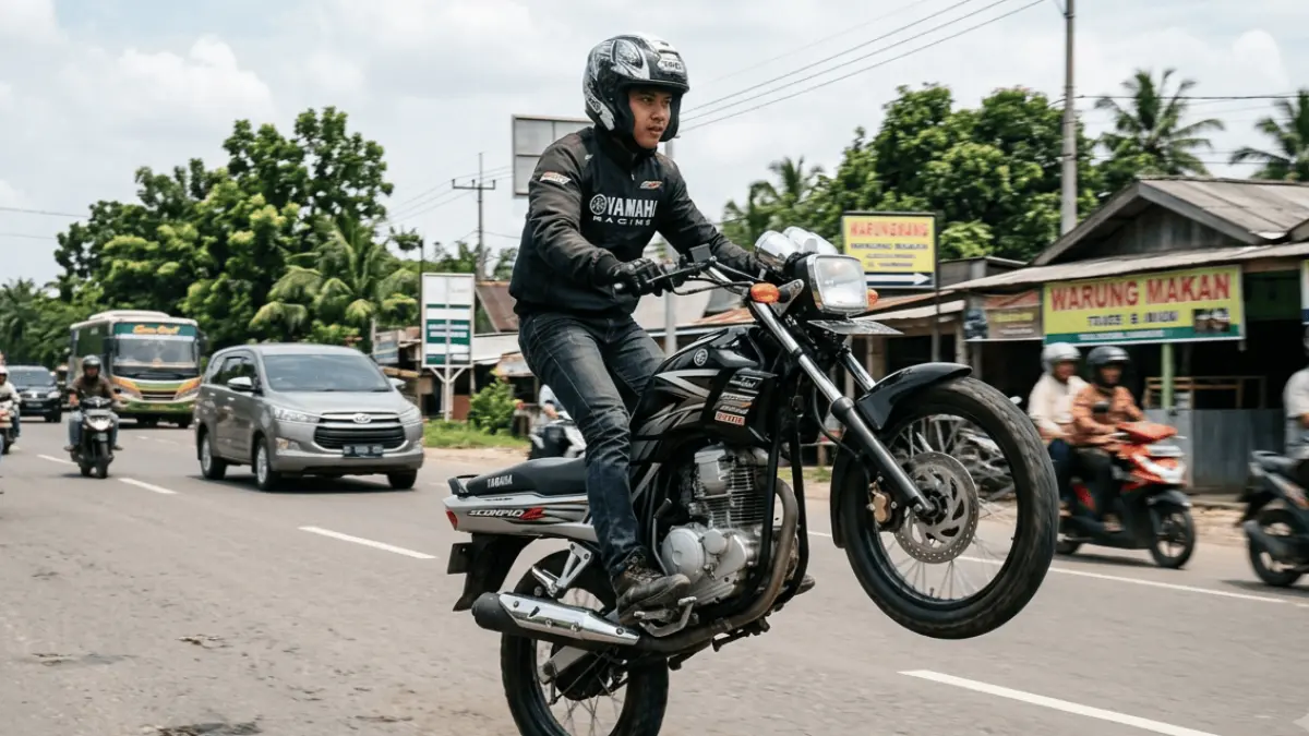 Ilustrasi motor standing di jalanan Indonesia. (AI/HAKAM ALGHIVARI/RADAR BOJONEGORO) 