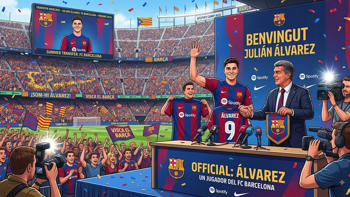 Julián Álvarez yang dirumorkan diminati oleh klub Barcelona ramai jadi perbincangan publik di Bursa Transfer Pemain 2026. (GEMINI AI/ANDHIKA FERIAWAN/RADAR BOJONEGORO)