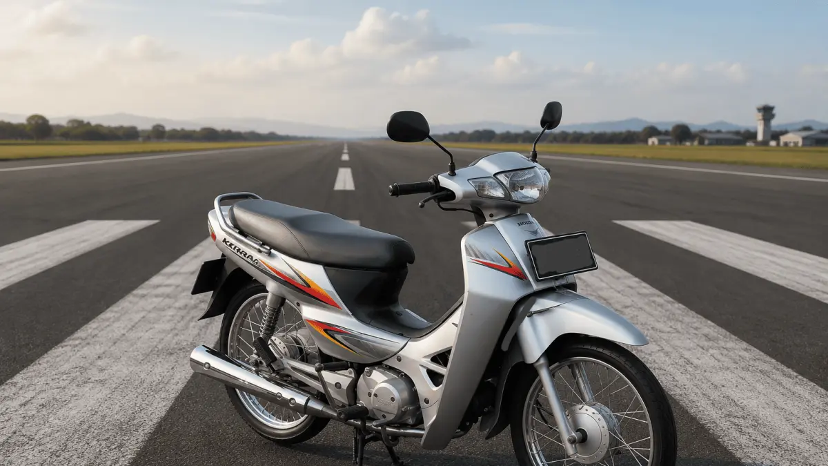 Ilustrasi Honda Kirana sedang mejeng di landasan bandara. Motor bebek lawas ini mesinnya diakui mekanik terlampau halus dan tarikannya spontan. (AI/HAKAM ALGHIVARI/RADAR BOJONEGORO) 