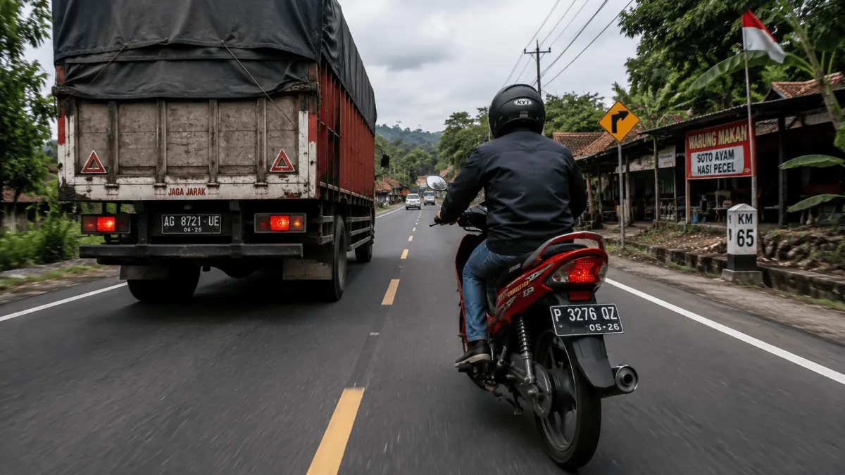 Ilustrasi ai: Motor mesin Suzuki menyalip truk. (AI/HAKAM ALGHIVARI/RADAR BOJONEGORO) 