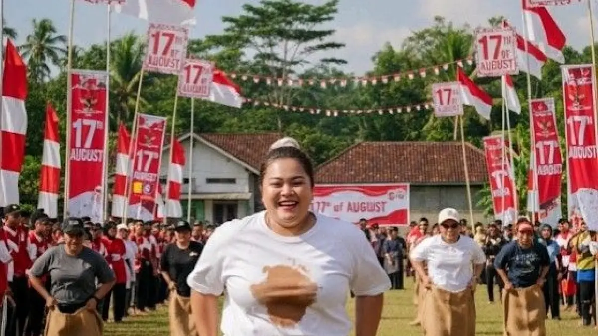 Ilustrasi ibu ibu sedang lomba balap karung